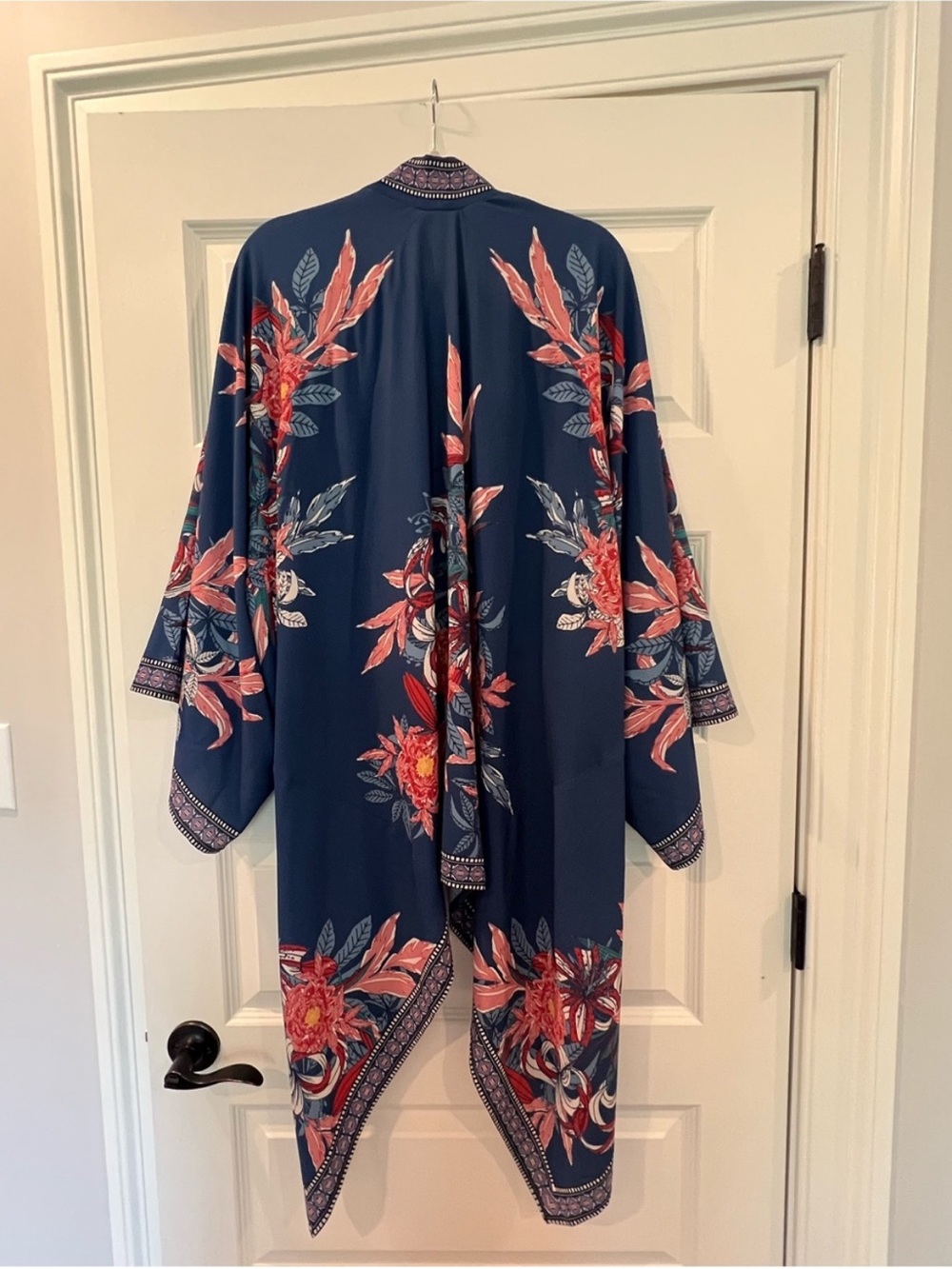 Flying Tomato Navy Floral Boho Kimono Duster Ruana Open Front S/M - Picture 4 of 9